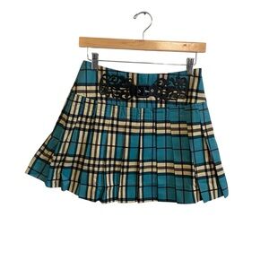 Y2k NWT Teal and Tan Plaid Faux Leather Detail Pleated Mini Skirt Size Small